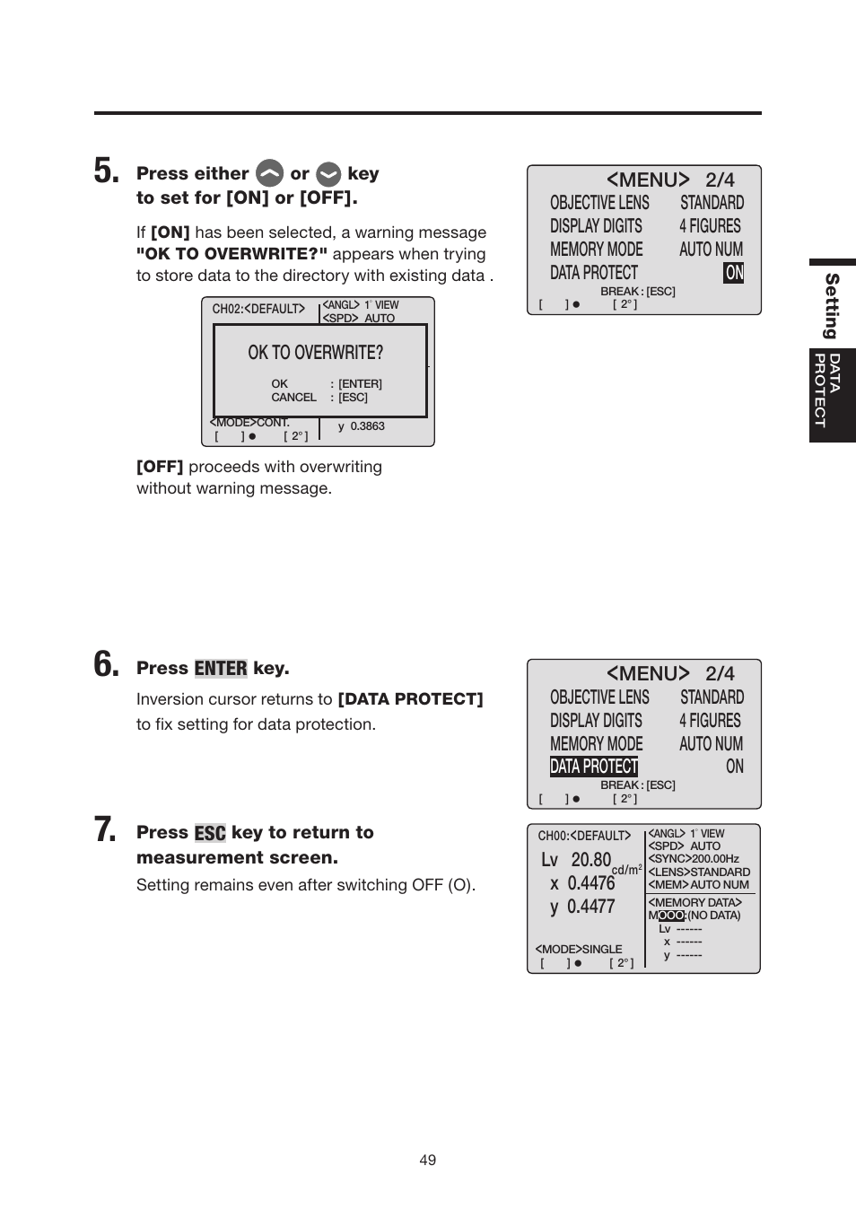 Enter, Lv 20.80, Menu | Ok to overwrite | Konica Minolta Chroma Meter CS-200 User Manual | Page 51 / 124