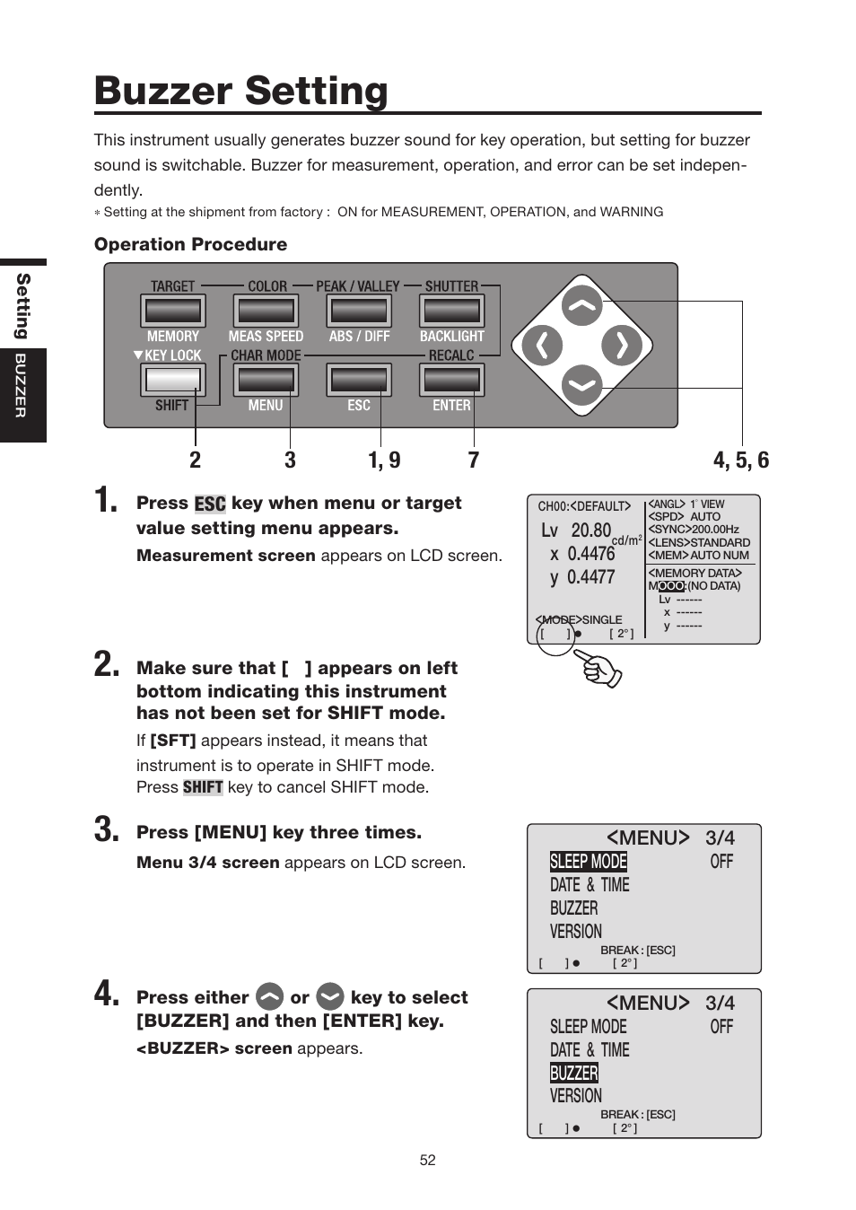 Buzzer setting | Konica Minolta Chroma Meter CS-200 User Manual | Page 54 / 124