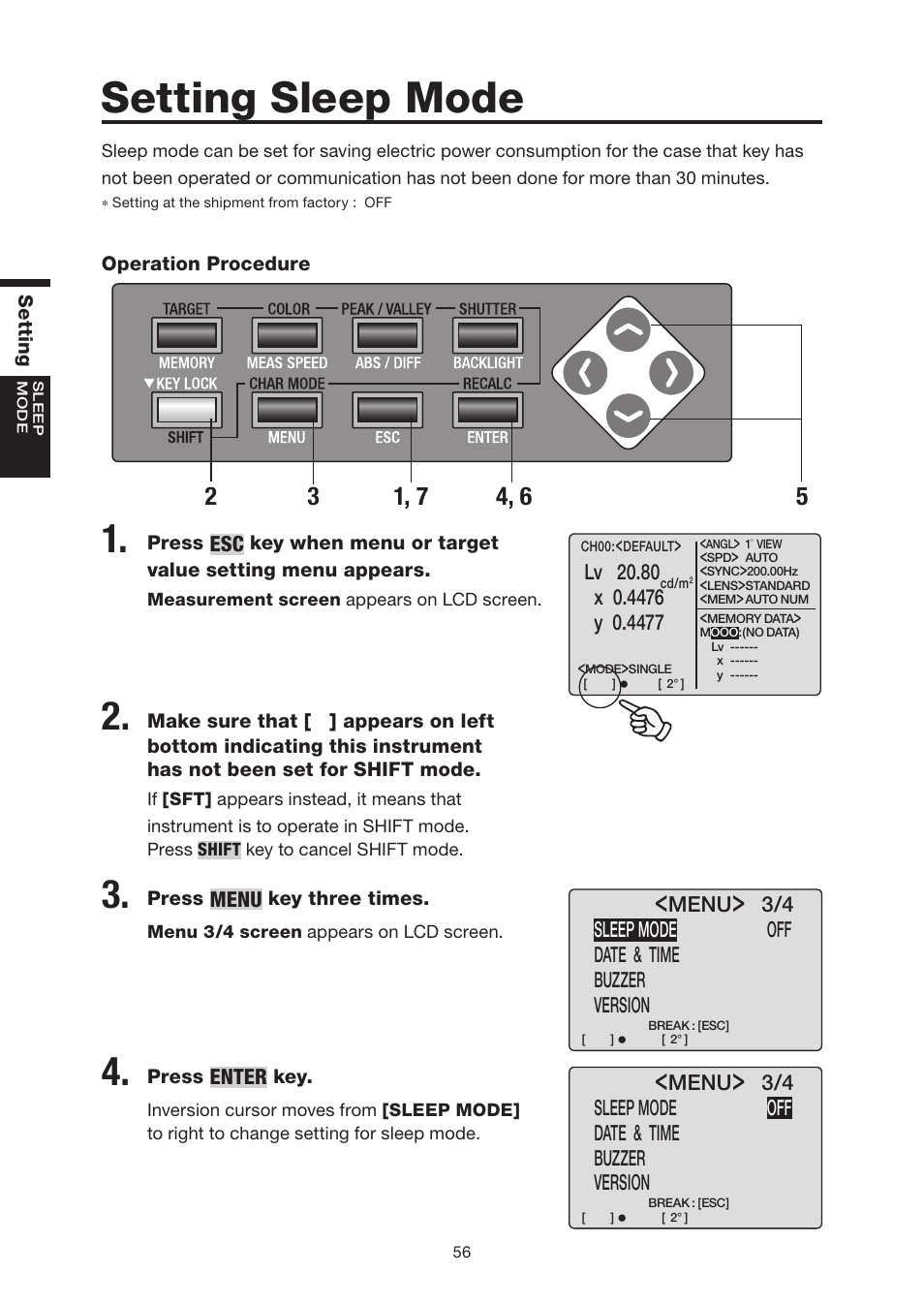 Setting sleep mode | Konica Minolta Chroma Meter CS-200 User Manual | Page 58 / 124