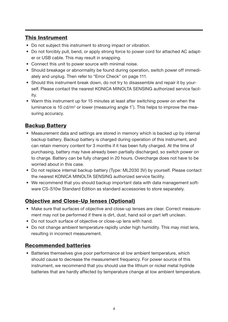 This instrument, Backup battery, Objective and close-up lenses (optional) | Recommended batteries | Konica Minolta Chroma Meter CS-200 User Manual | Page 6 / 124