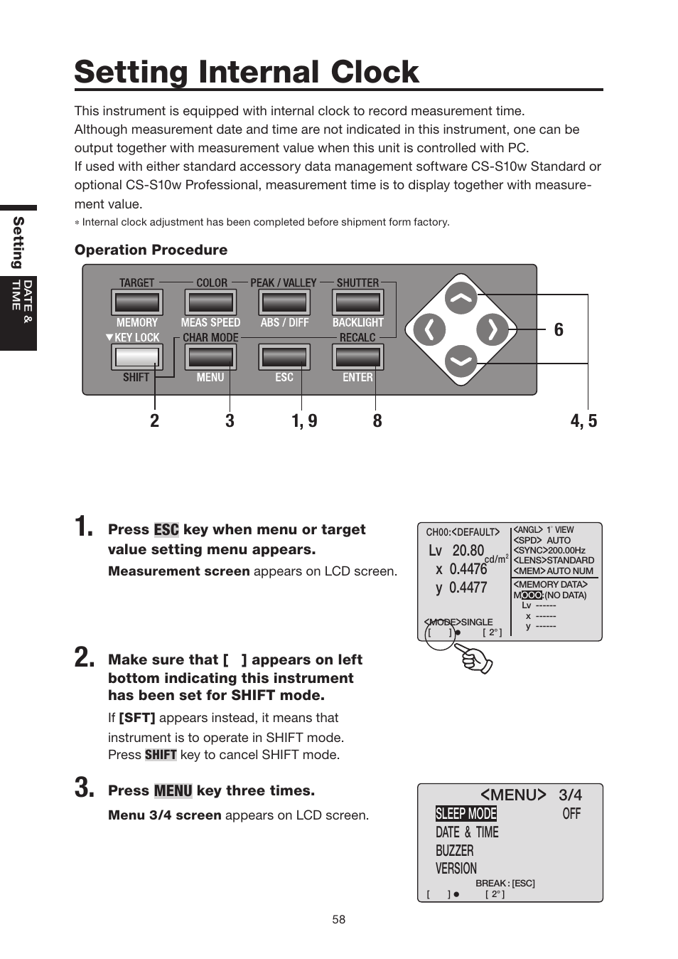Setting internal clock | Konica Minolta Chroma Meter CS-200 User Manual | Page 60 / 124