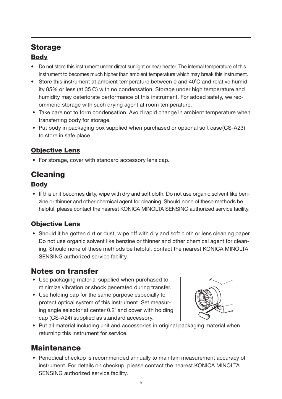 Storage, Cleaning, Notes on transfer | Maintenance | Konica Minolta Chroma Meter CS-200 User Manual | Page 7 / 124