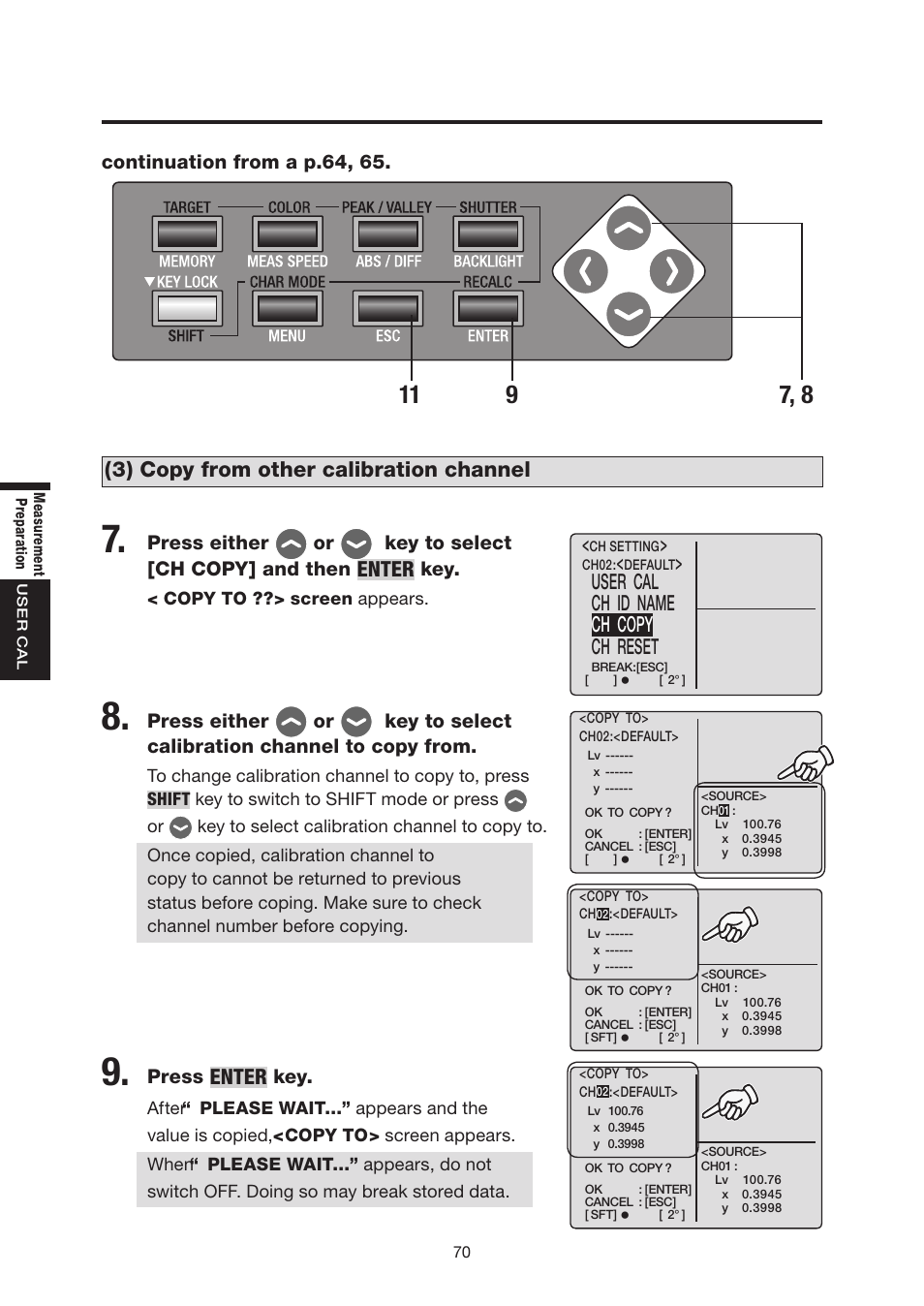 3) copy from other calibration channel, Enter, User cal ch id name ch copy ch reset | Konica Minolta Chroma Meter CS-200 User Manual | Page 72 / 124