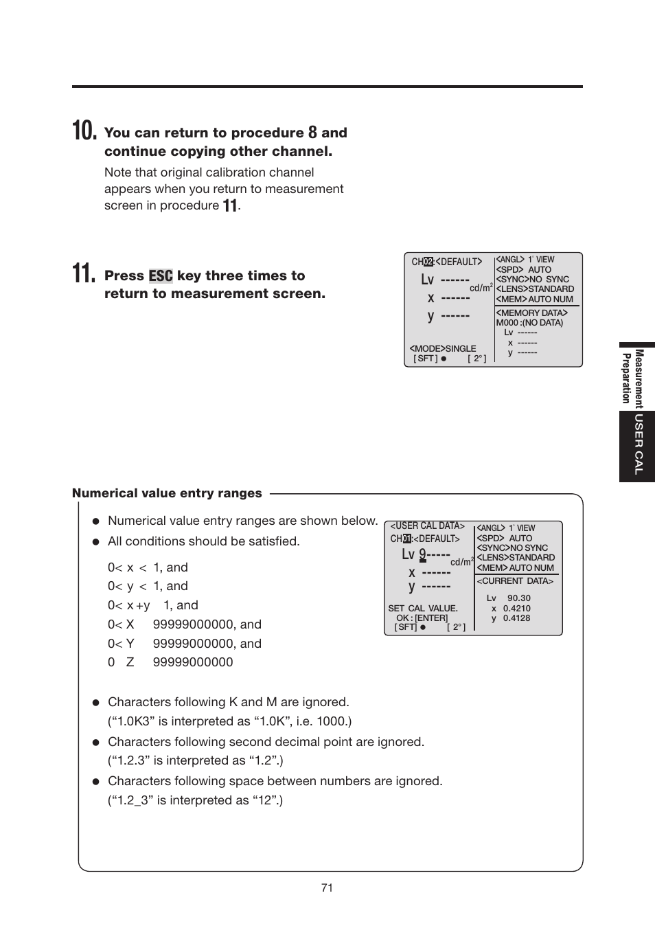 Lv 9, X ------ y, You can return to procedure | And continue copying other channel, Press, Key three times to return to measurement screen | Konica Minolta Chroma Meter CS-200 User Manual | Page 73 / 124
