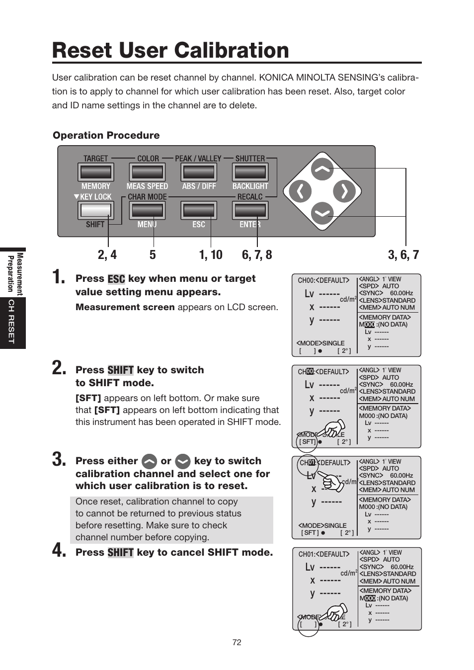 Reset user calibration, Shift, X ------ y | Konica Minolta Chroma Meter CS-200 User Manual | Page 74 / 124