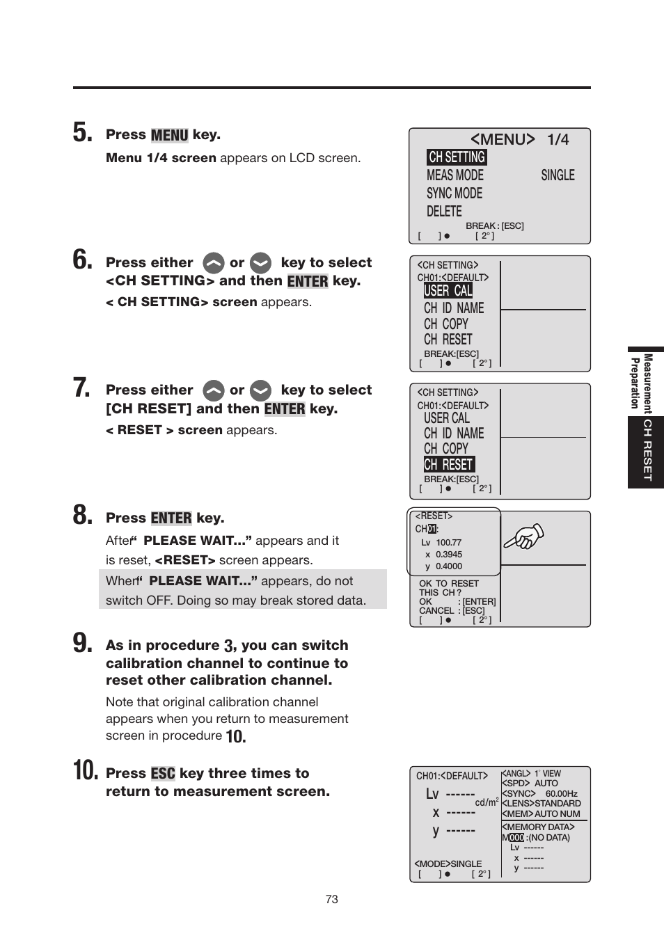 Menu, Enter, 1/4 ch setting meas mode single sync mode delete | User cal ch id name ch copy ch reset, X ------ y | Konica Minolta Chroma Meter CS-200 User Manual | Page 75 / 124