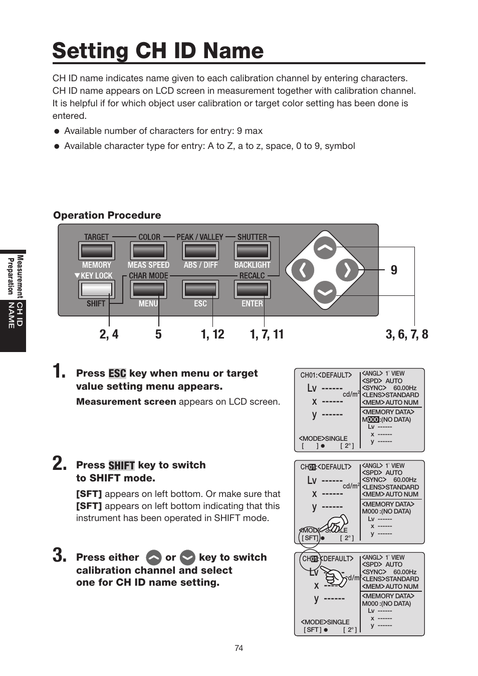 Setting ch id name, Shift, X ------ y | Konica Minolta Chroma Meter CS-200 User Manual | Page 76 / 124