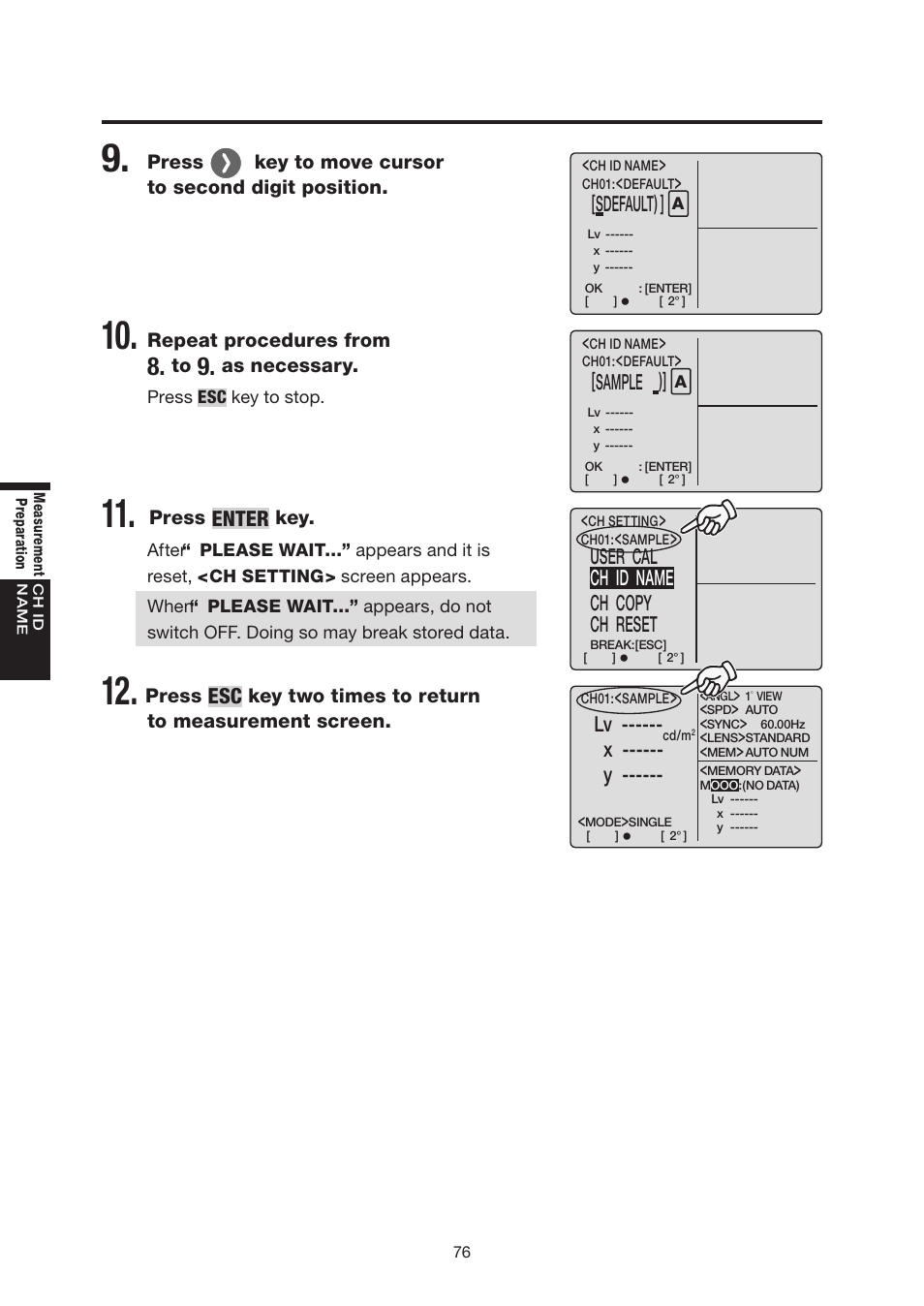 Enter, User cal ch id name ch copy ch reset, X ------ y | Sdefault), Sample ) | Konica Minolta Chroma Meter CS-200 User Manual | Page 78 / 124