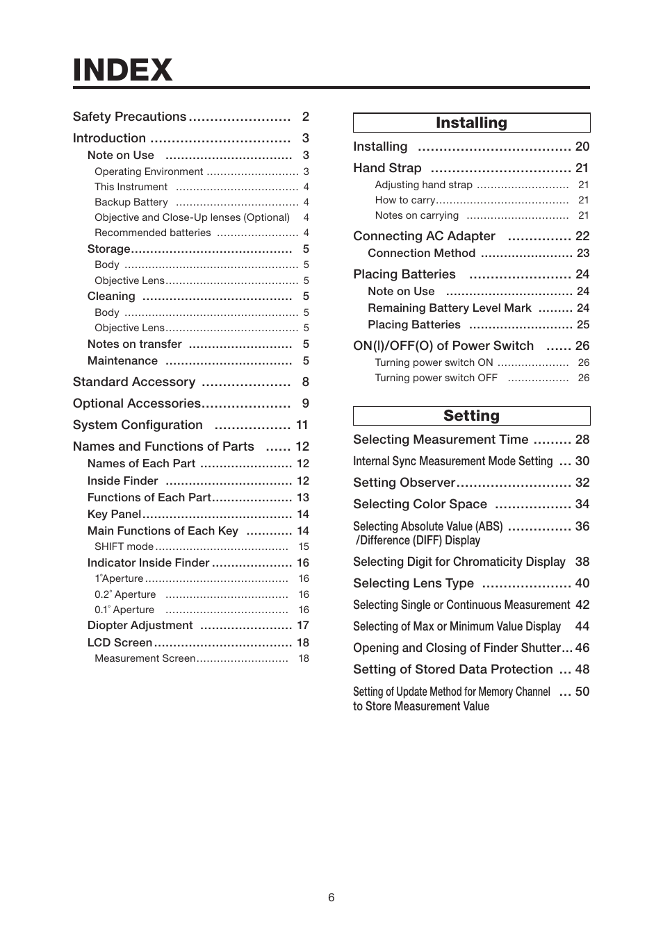 Index, Installin g, Setting | Konica Minolta Chroma Meter CS-200 User Manual | Page 8 / 124