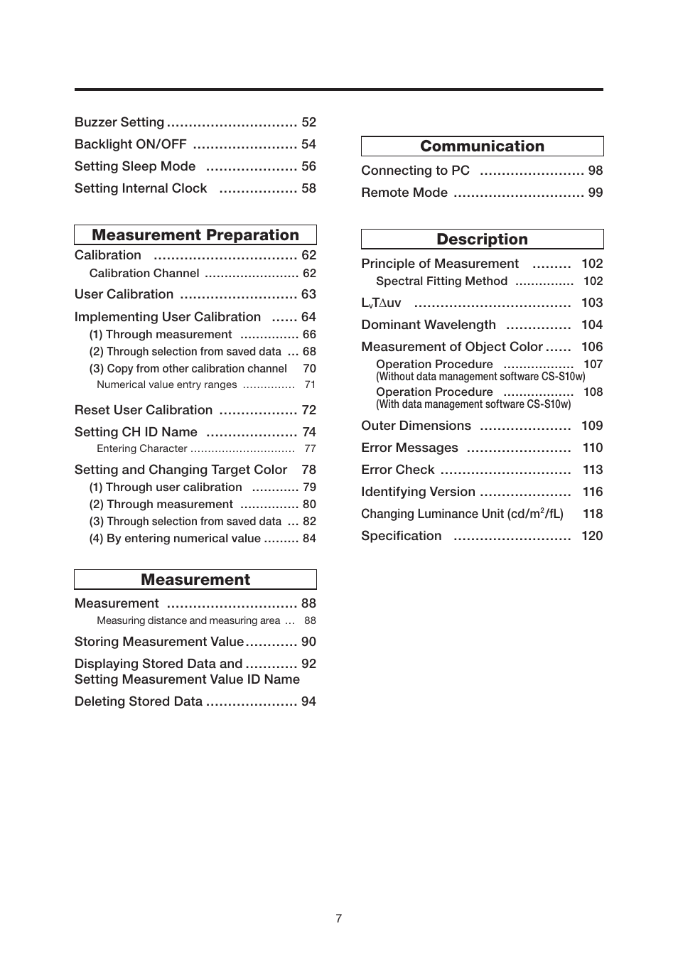 Measurement preparation, Measurement, Communication | Description | Konica Minolta Chroma Meter CS-200 User Manual | Page 9 / 124