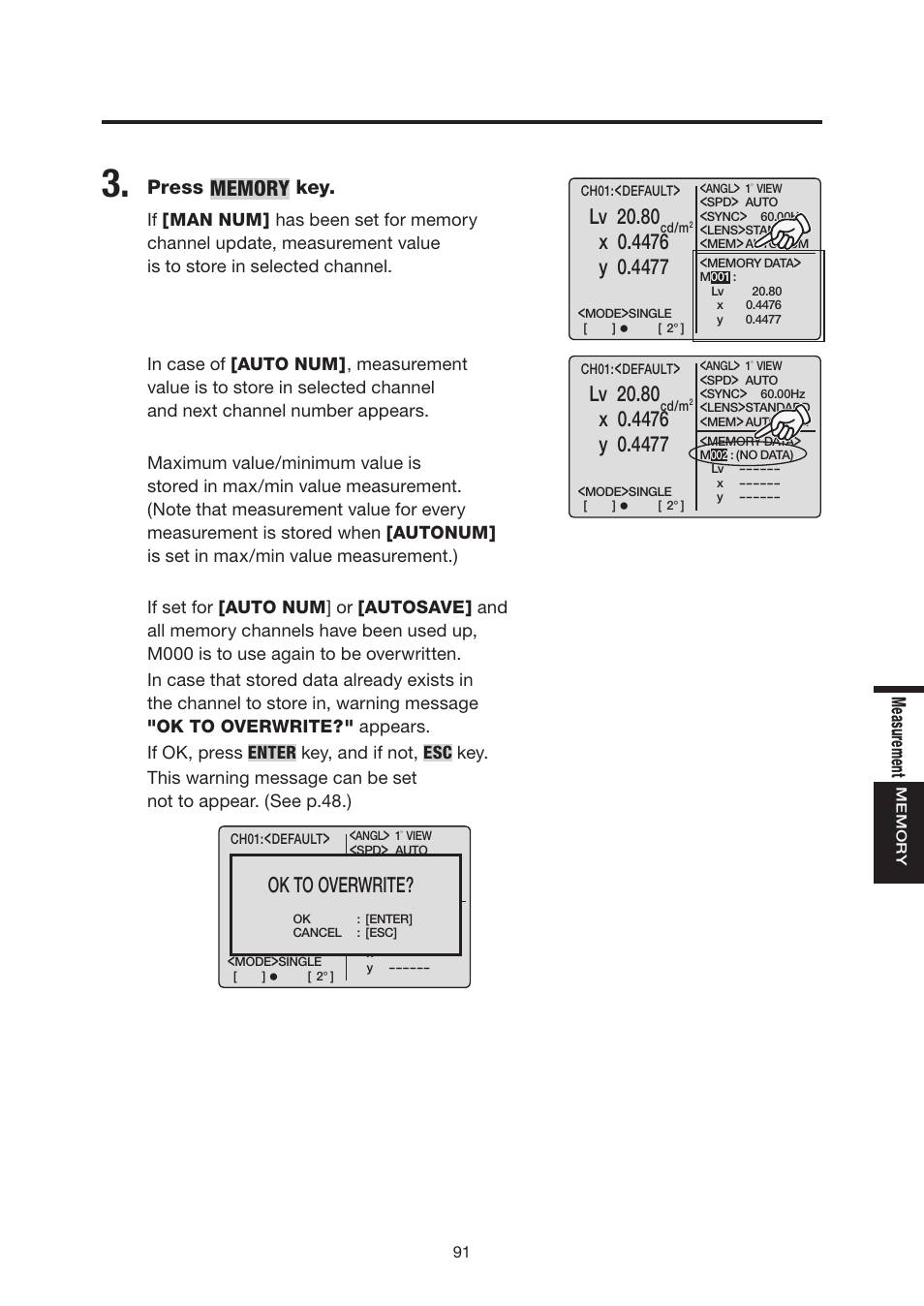 Lv 20.80, X ------ y, Ok to overwrite | Me asu rem ent, Press | Konica Minolta Chroma Meter CS-200 User Manual | Page 93 / 124