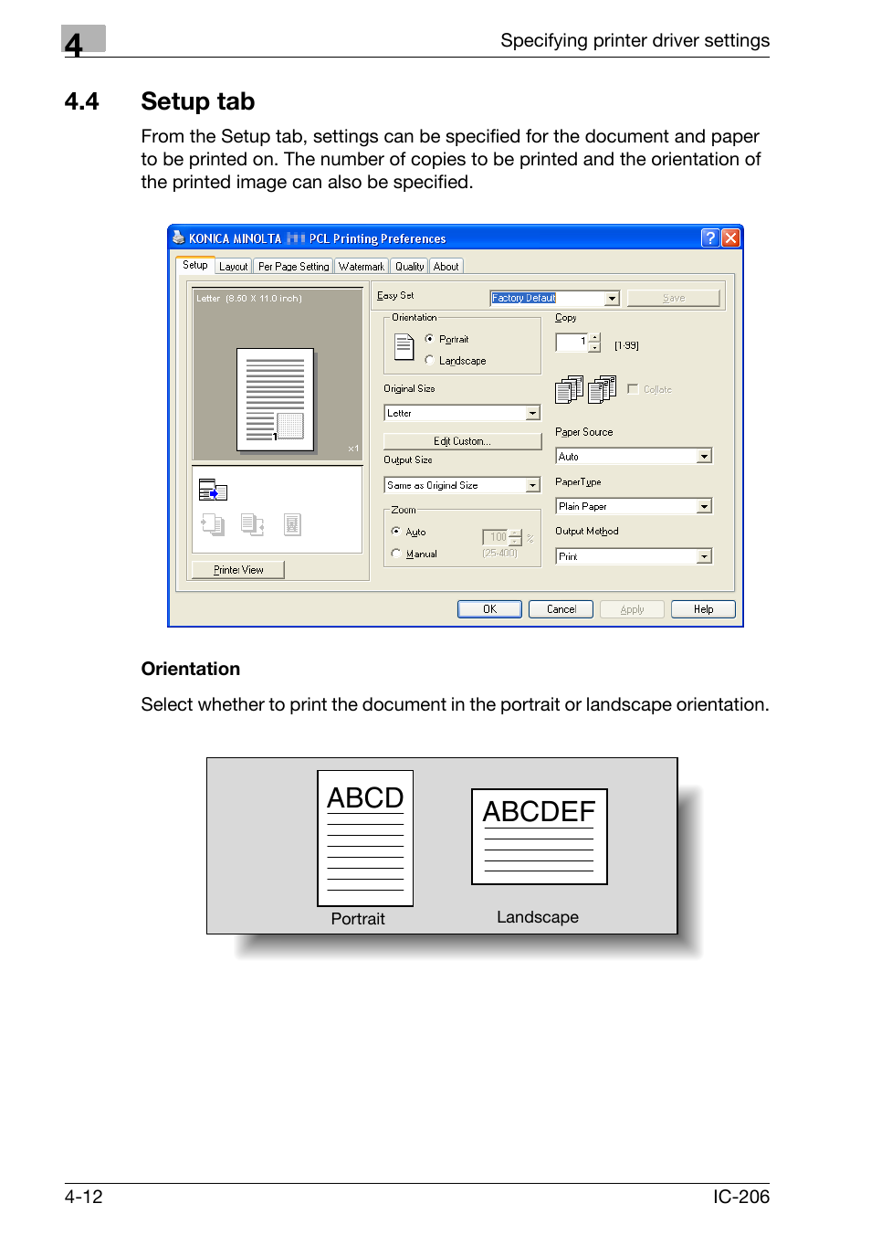 4 setup tab, Orientation, Setup tab -12 | Orientation -12, Abcd abcdef | Konica Minolta bizhub 163 User Manual | Page 101 / 362