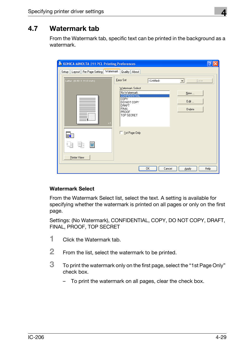 7 watermark tab, Watermark select, Watermark tab -29 | Watermark select -29 | Konica Minolta bizhub 163 User Manual | Page 118 / 362