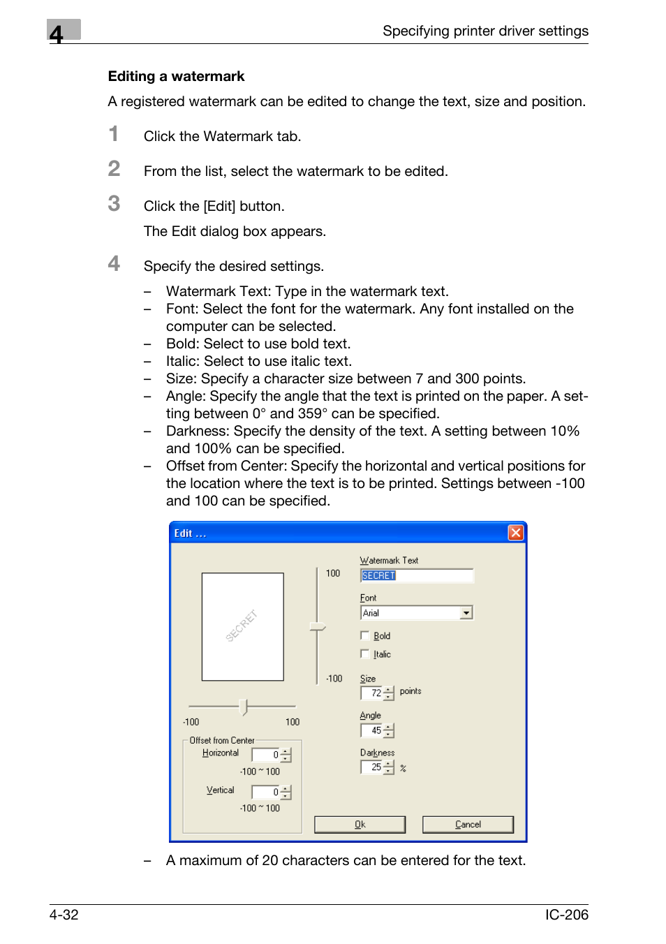 Editing a watermark, Editing a watermark -32 | Konica Minolta bizhub 163 User Manual | Page 121 / 362
