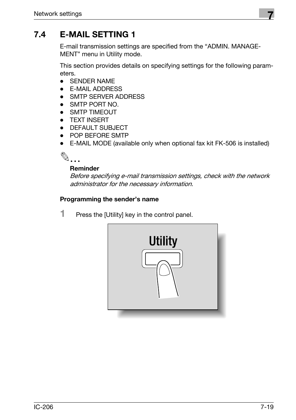 4 e-mail setting 1, Programming the sender’s name, E-mail setting 1 -19 | Programming the sender’s name -19 | Konica Minolta bizhub 163 User Manual | Page 158 / 362