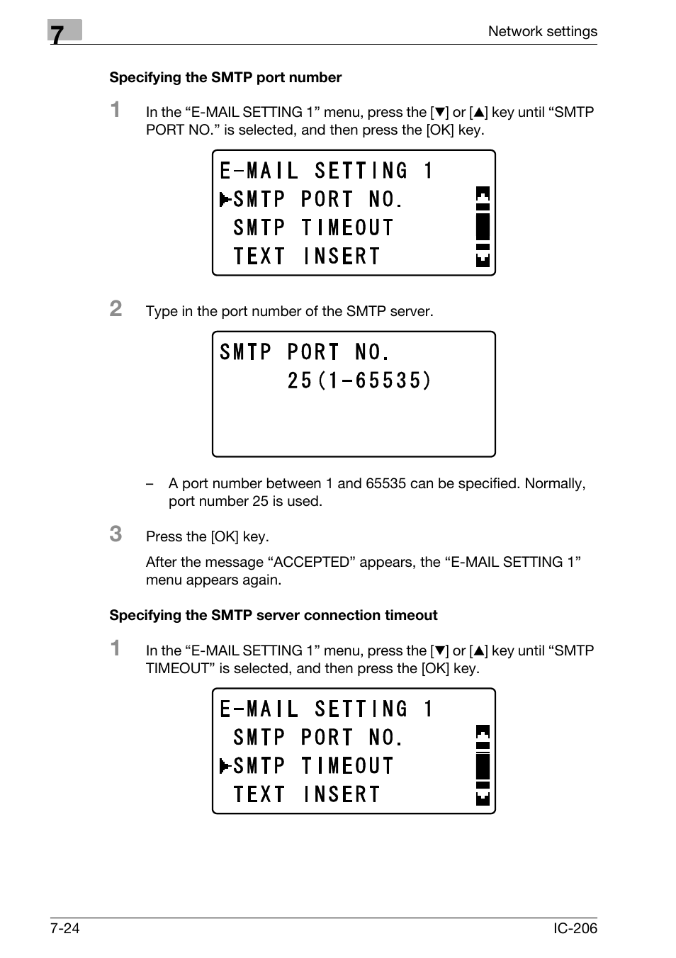 Specifying the smtp port number, Specifying the smtp server connection timeout | Konica Minolta bizhub 163 User Manual | Page 163 / 362