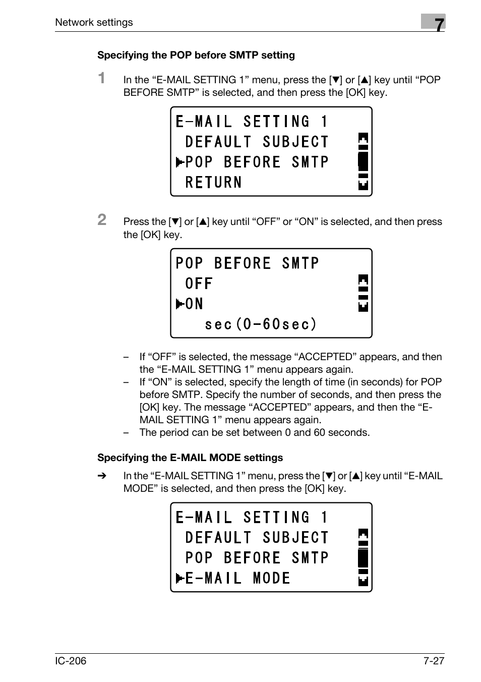 Specifying the pop before smtp setting, Specifying the e-mail mode settings | Konica Minolta bizhub 163 User Manual | Page 166 / 362