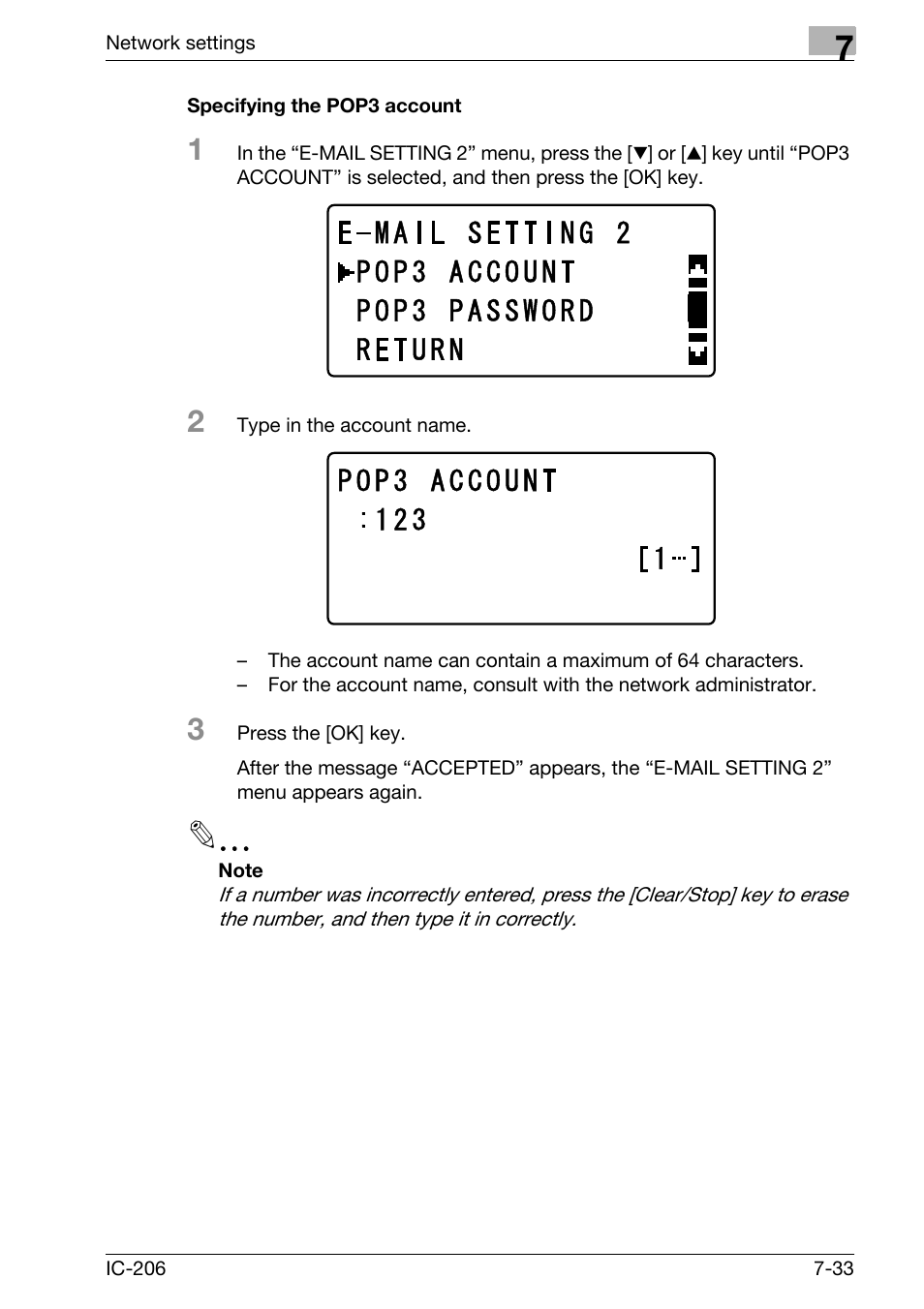 Specifying the pop3 account, Specifying the pop3 account -33 | Konica Minolta bizhub 163 User Manual | Page 172 / 362