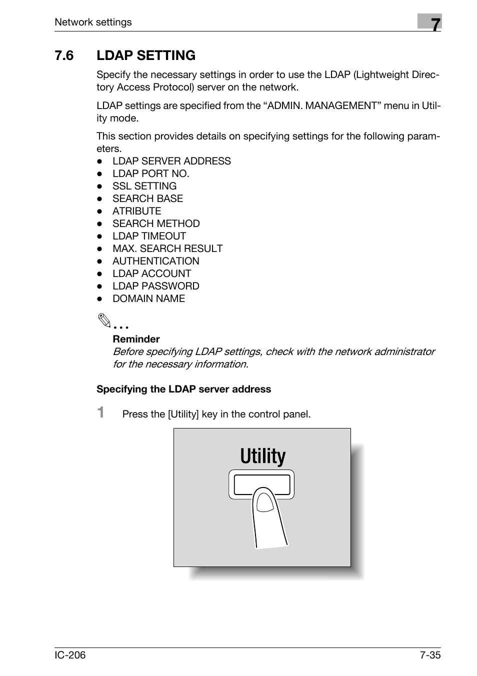6 ldap setting, Specifying the ldap server address, Ldap setting -35 | Specifying the ldap server address -35 | Konica Minolta bizhub 163 User Manual | Page 174 / 362