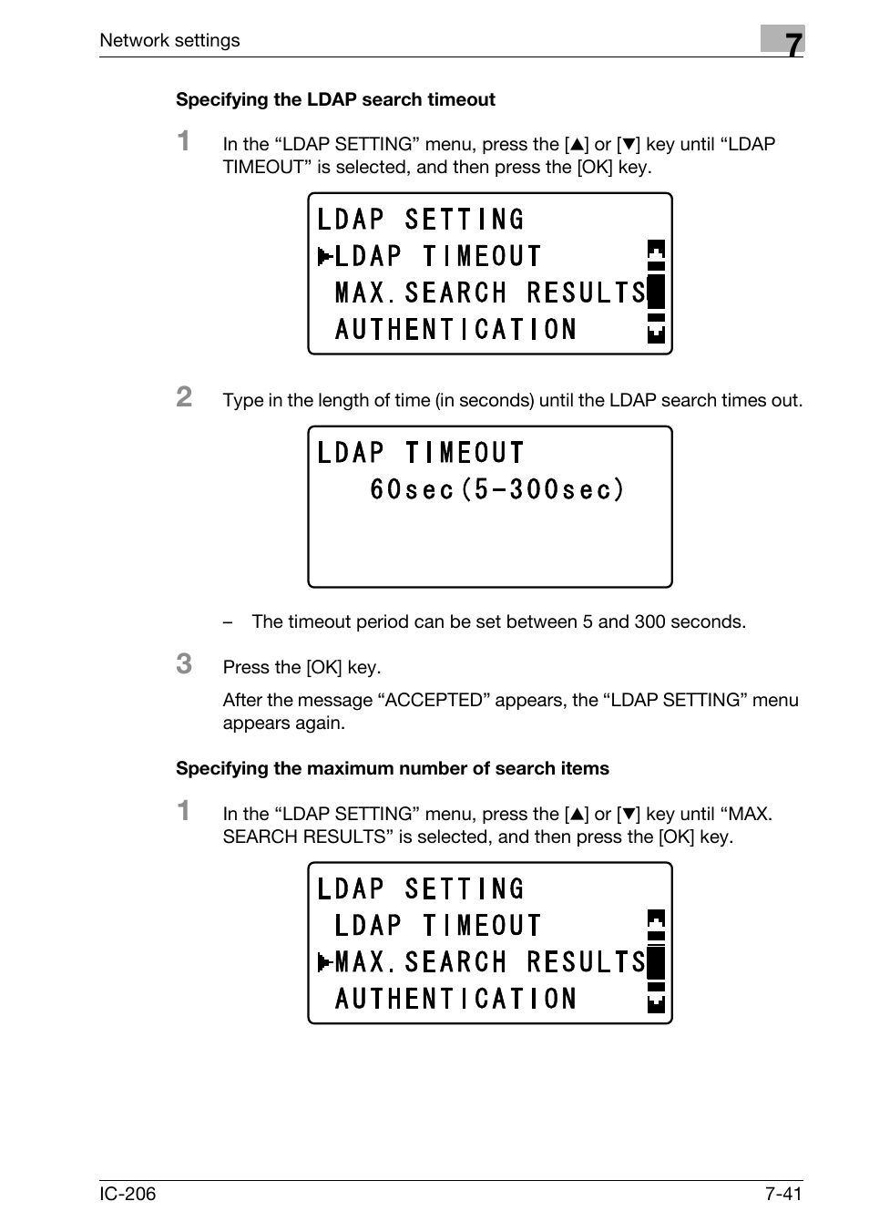 Specifying the ldap search timeout, Specifying the maximum number of search items | Konica Minolta bizhub 163 User Manual | Page 180 / 362