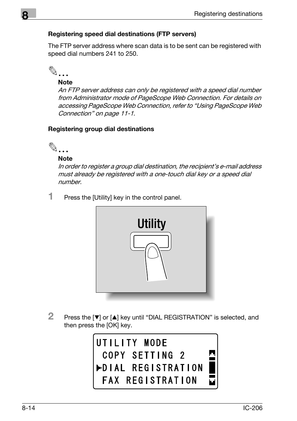 Registering speed dial destinations (ftp servers), Registering group dial destinations | Konica Minolta bizhub 163 User Manual | Page 203 / 362