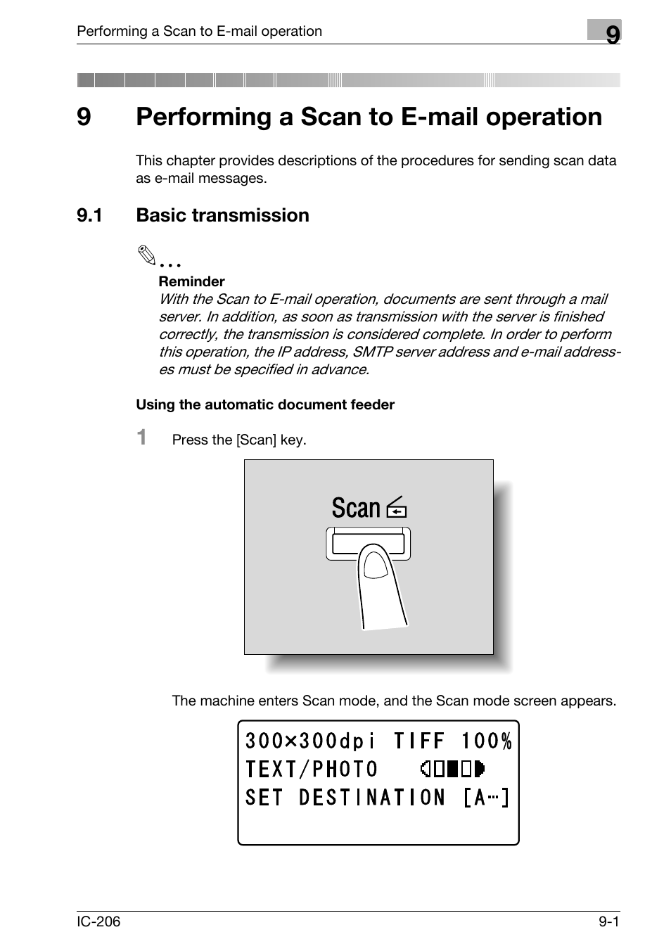9 performing a scan to e-mail operation, 1 basic transmission, Using the automatic document feeder | Performing a scan to e-mail operation, Basic transmission -1, Using the automatic document feeder -1, 9performing a scan to e-mail operation | Konica Minolta bizhub 163 User Manual | Page 216 / 362