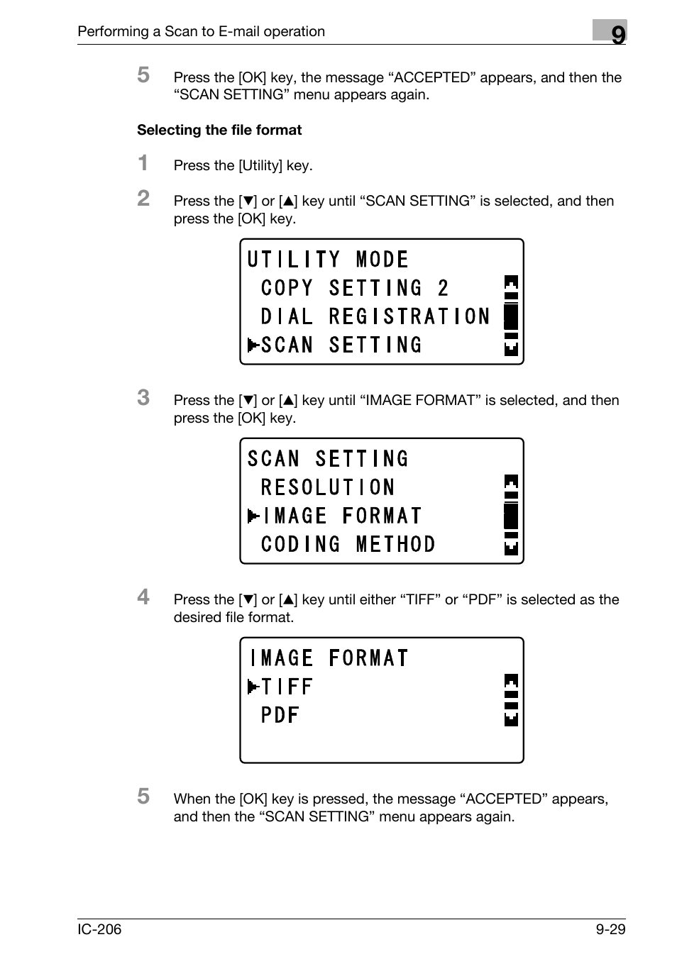 Selecting the file format, Selecting the file format -29 | Konica Minolta bizhub 163 User Manual | Page 244 / 362