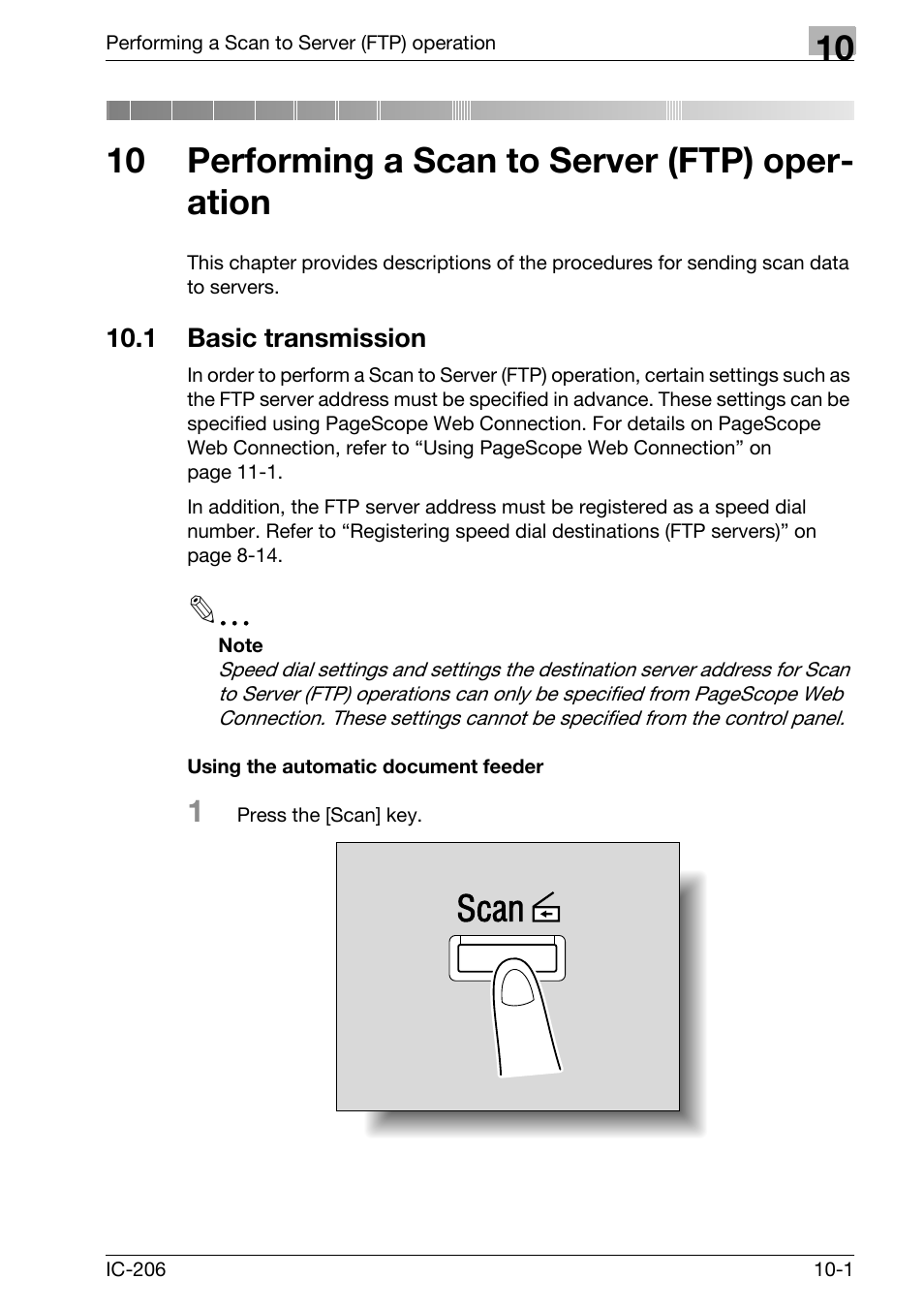 10 performing a scan to server (ftp) operation, 1 basic transmission, Using the automatic document feeder | Basic transmission -1, Using the automatic document feeder -1, 10 performing a scan to server (ftp) oper- ation | Konica Minolta bizhub 163 User Manual | Page 266 / 362