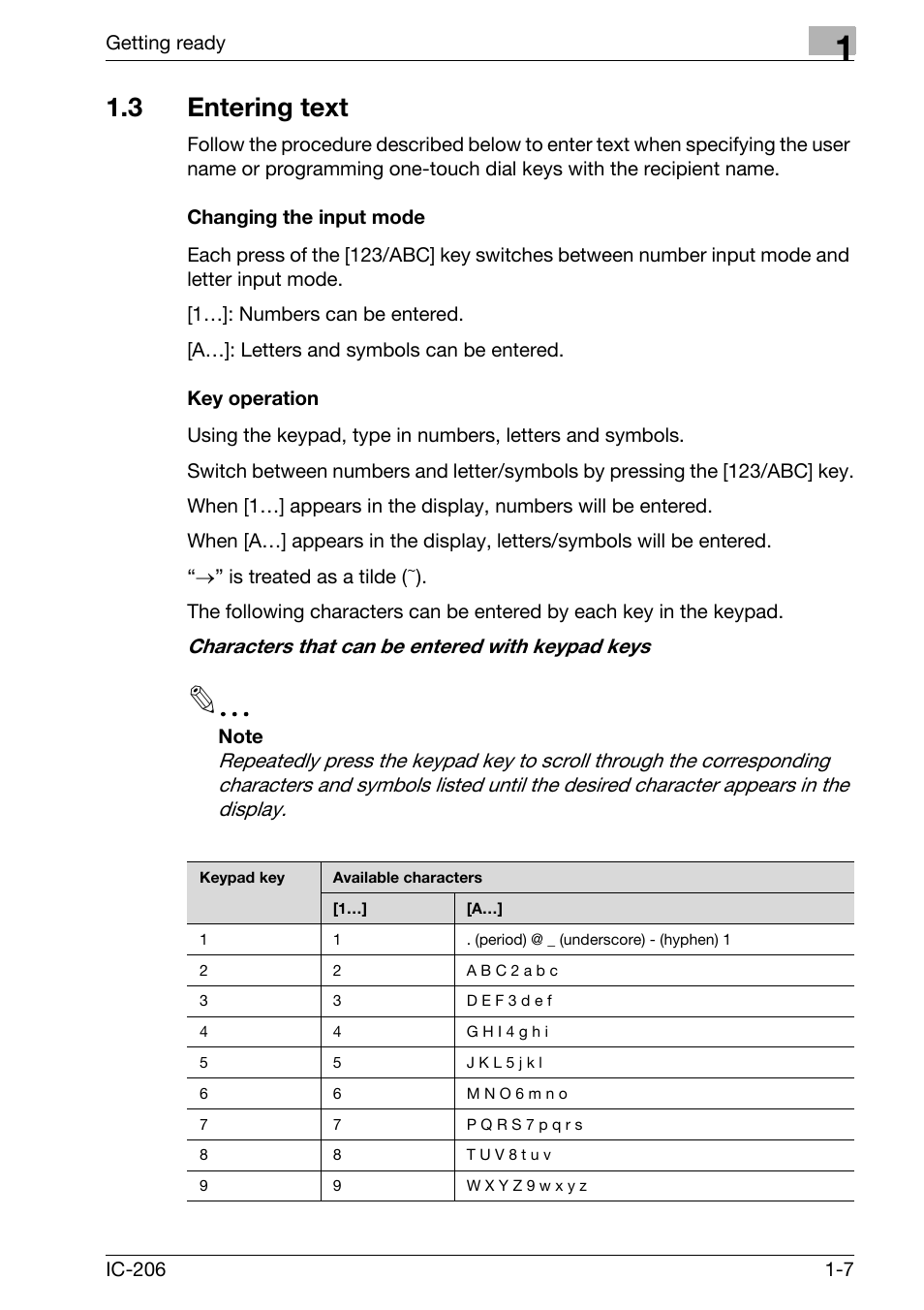 3 entering text, Changing the input mode, Key operation | Entering text -7, Changing the input mode -7 key operation -7 | Konica Minolta bizhub 163 User Manual | Page 28 / 362