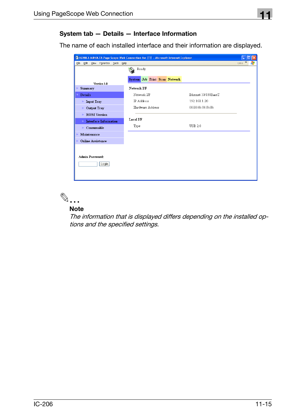 System tab - details - interface information, System tab — details — interface information -15 | Konica Minolta bizhub 163 User Manual | Page 292 / 362