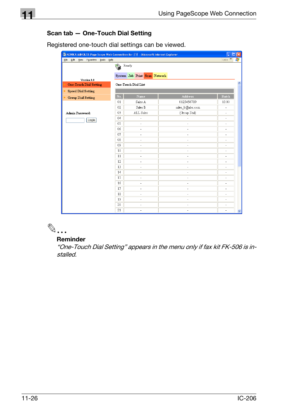 Scan tab - one-touch dial setting, Scan tab — one-touch dial setting -26 | Konica Minolta bizhub 163 User Manual | Page 303 / 362