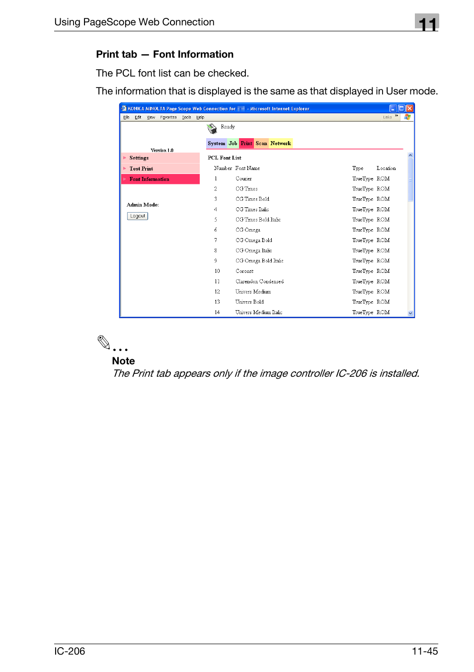 Print tab - font information, Print tab — font information -45 | Konica Minolta bizhub 163 User Manual | Page 322 / 362