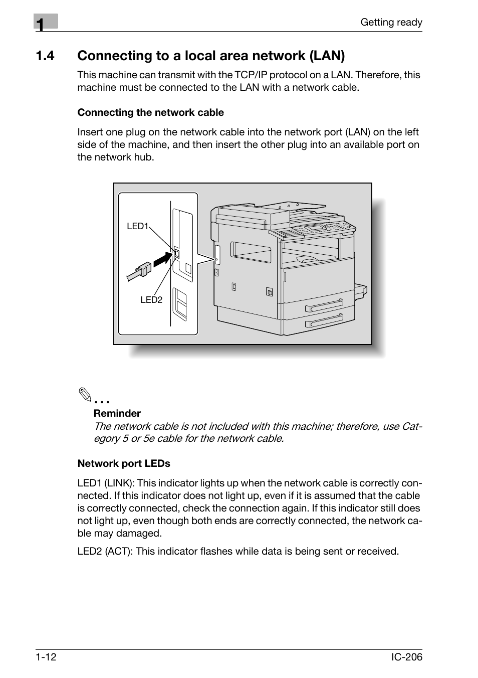 4 connecting to a local area network (lan), Connecting the network cable, Network port leds | Connecting to a local area network (lan) -12 | Konica Minolta bizhub 163 User Manual | Page 33 / 362