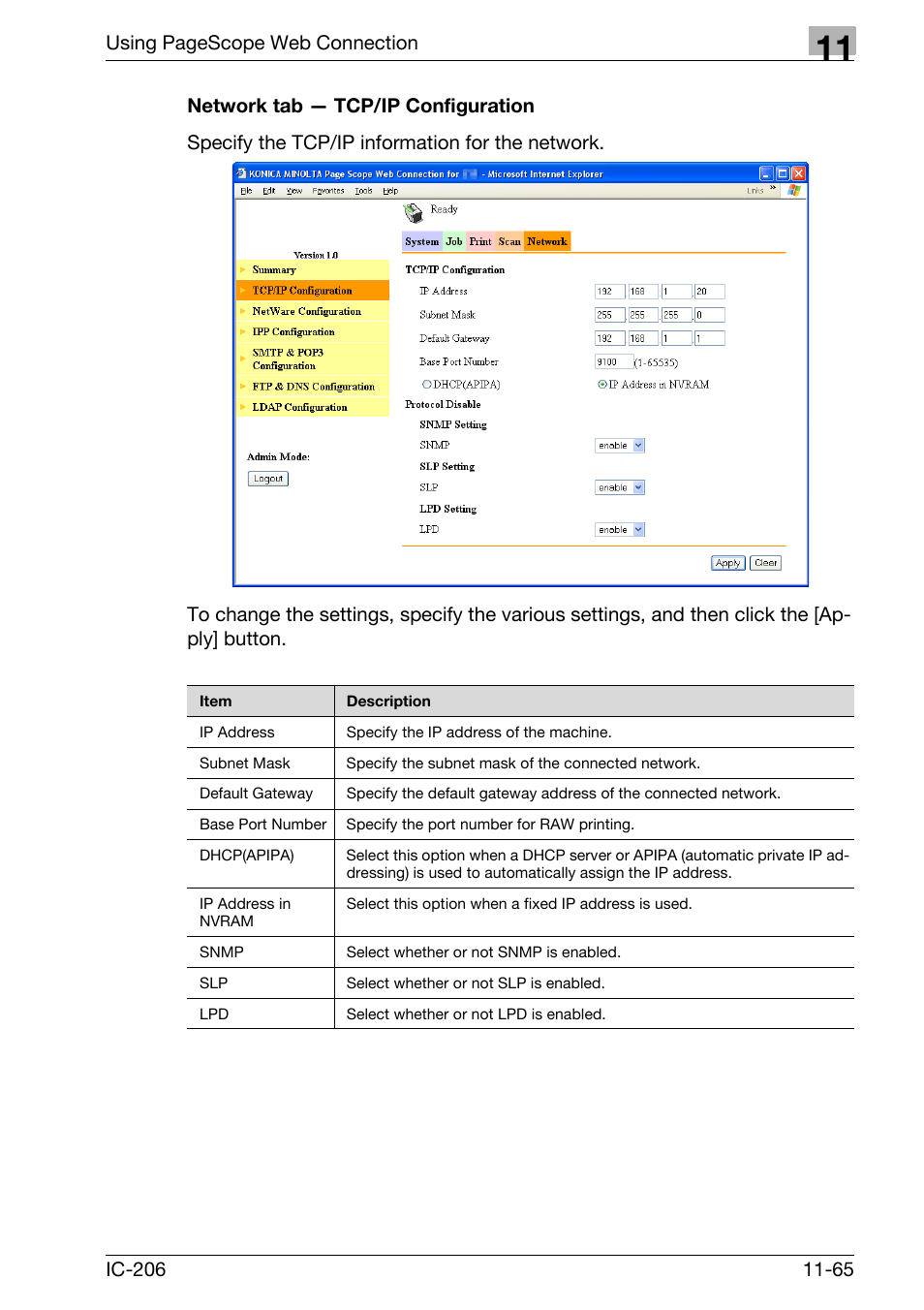 Network tab - tcp/ip configuration, Network tab — tcp/ip configuration -65 | Konica Minolta bizhub 163 User Manual | Page 342 / 362