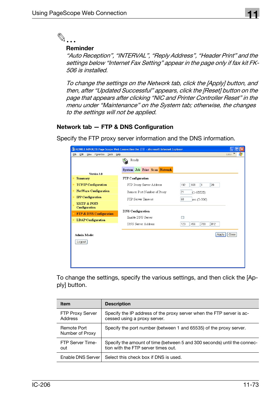 Network tab - ftp & dns configuration, Network tab — ftp & dns configuration -73 | Konica Minolta bizhub 163 User Manual | Page 350 / 362