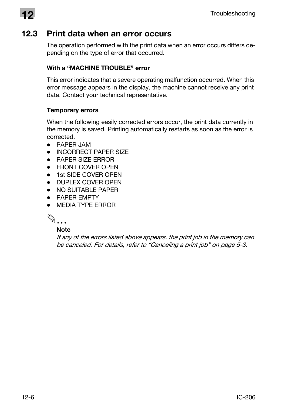 3 print data when an error occurs, With a “machine trouble” error, Temporary errors | Print data when an error occurs -6 | Konica Minolta bizhub 163 User Manual | Page 359 / 362