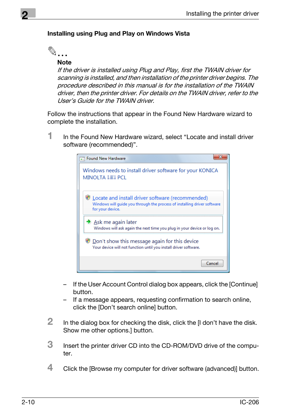 Installing using plug and play on windows vista | Konica Minolta bizhub 163 User Manual | Page 43 / 362