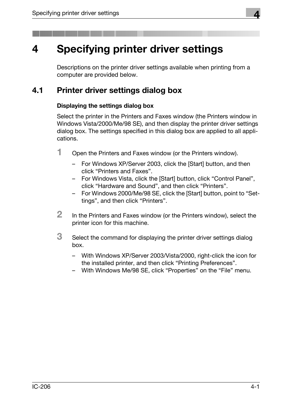 4 specifying printer driver settings, 1 printer driver settings dialog box, Displaying the settings dialog box | Specifying printer driver settings, Printer driver settings dialog box -1, Displaying the settings dialog box -1, 4specifying printer driver settings | Konica Minolta bizhub 163 User Manual | Page 90 / 362