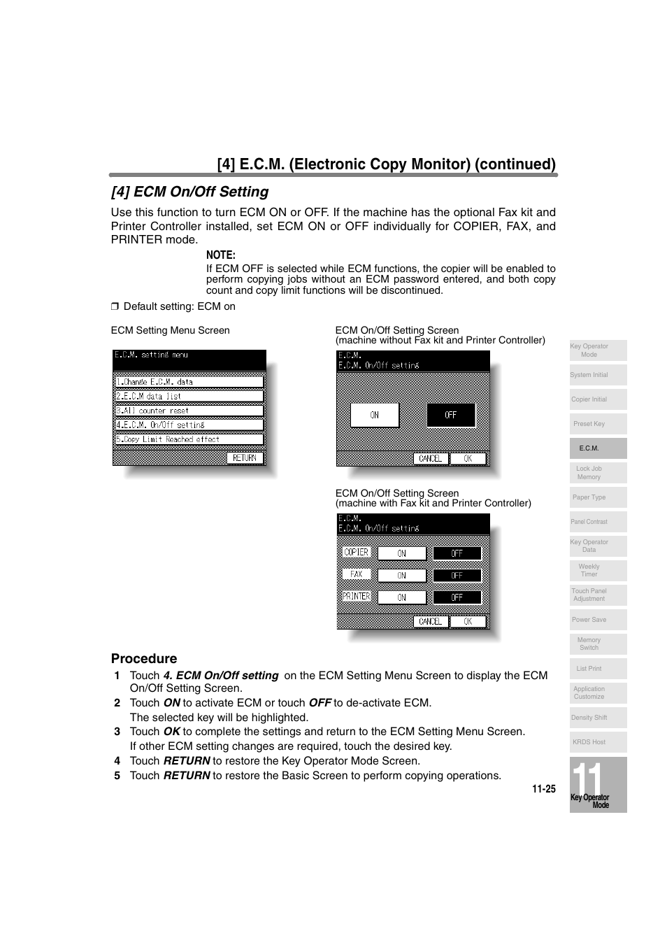 4] ecm on/off setting, 4] e.c.m. (electronic copy monitor) (continued), Procedure | Konica Minolta 7130 User Manual | Page 261 / 294