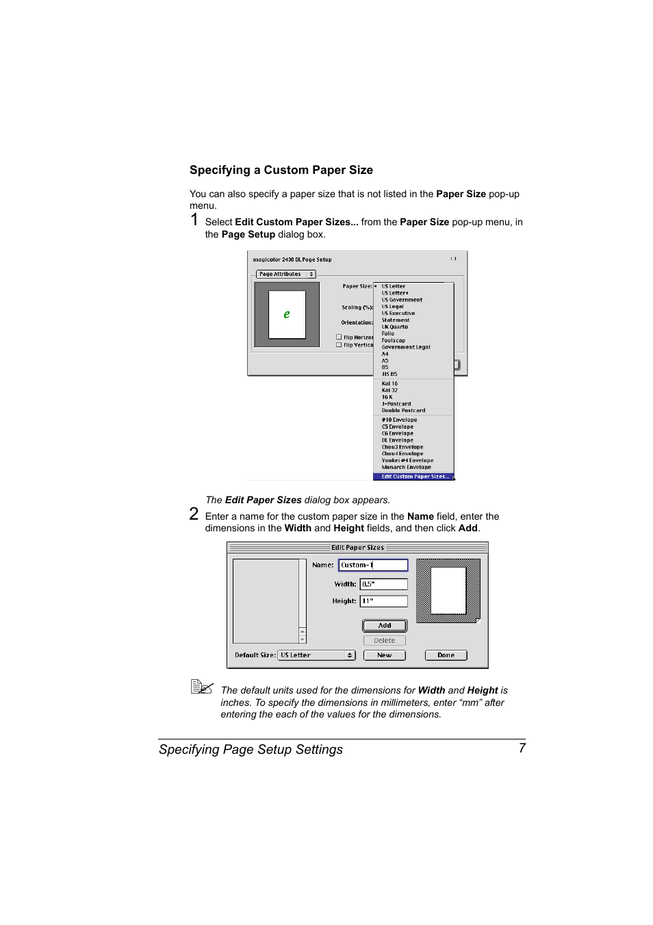 Specifying a custom paper size | Konica Minolta 2430 DL User Manual | Page 9 / 26