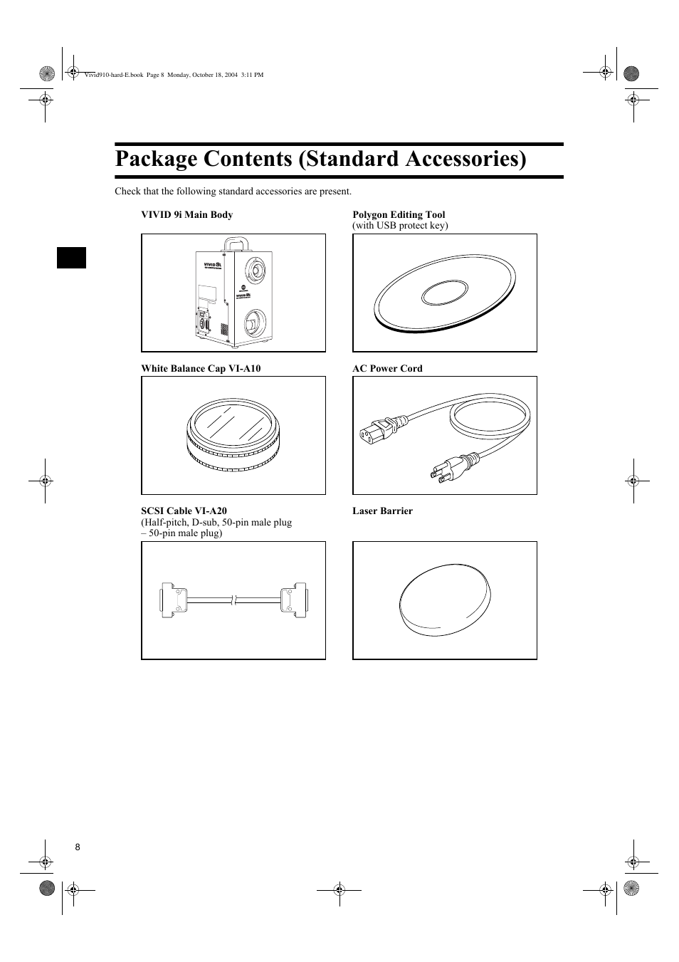 Package contents (standard accessories) | Konica Minolta NON-CONTACT 3D DIGITIZER VIVID 9i User Manual | Page 10 / 56