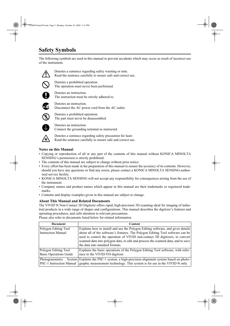 Safety symbols | Konica Minolta NON-CONTACT 3D DIGITIZER VIVID 9i User Manual | Page 2 / 56