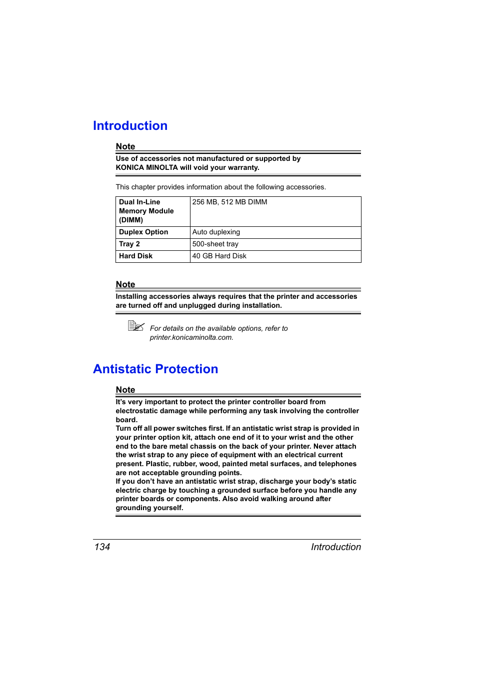 Introduction, Antistatic protection, Introduction 134 antistatic protection 134 | Konica Minolta Magicolor 2450 User Manual | Page 148 / 168