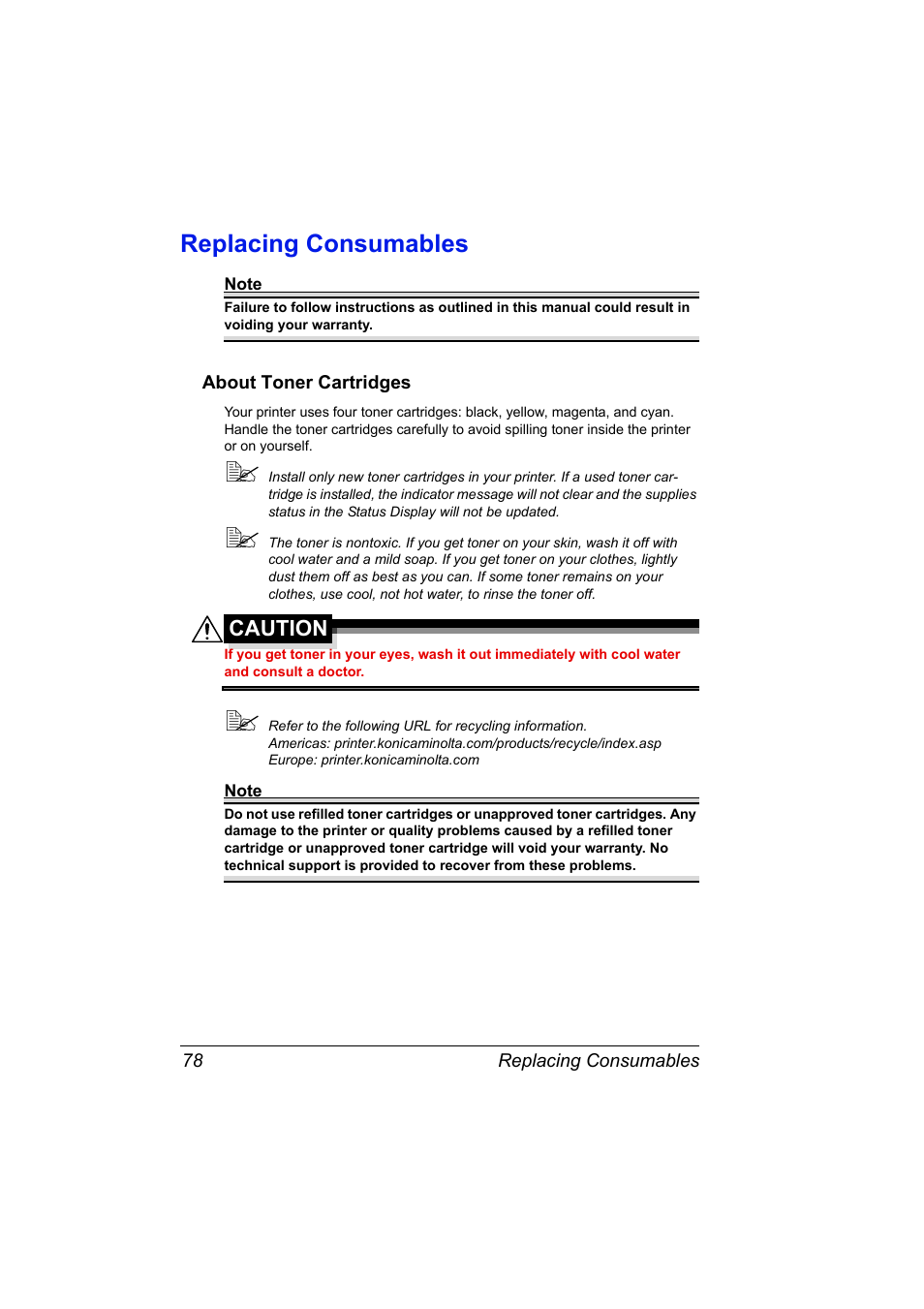 Replacing consumables, About toner cartridges, Replacing consumables 78 | About toner cartridges 78, Caution | Konica Minolta Magicolor 2450 User Manual | Page 92 / 168