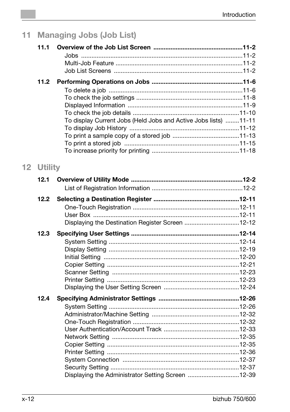 11 managing jobs (job list), 12 utility | Konica Minolta bizhub 750 User Manual | Page 13 / 526