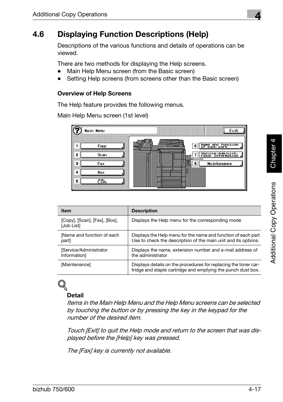 6 displaying function descriptions (help) | Konica Minolta bizhub 750 User Manual | Page 192 / 526