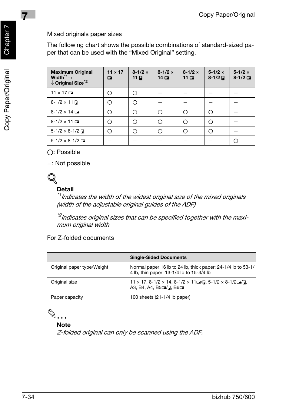 Copy paper/original chapter 7, Not possible, Detail | For z-folded documents | Konica Minolta bizhub 750 User Manual | Page 271 / 526
