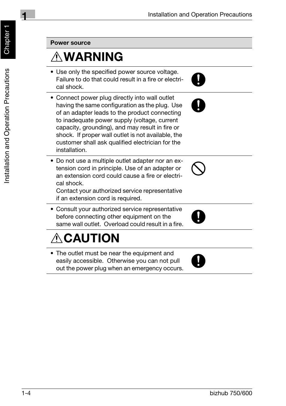 Warning, Caution | Konica Minolta bizhub 750 User Manual | Page 33 / 526