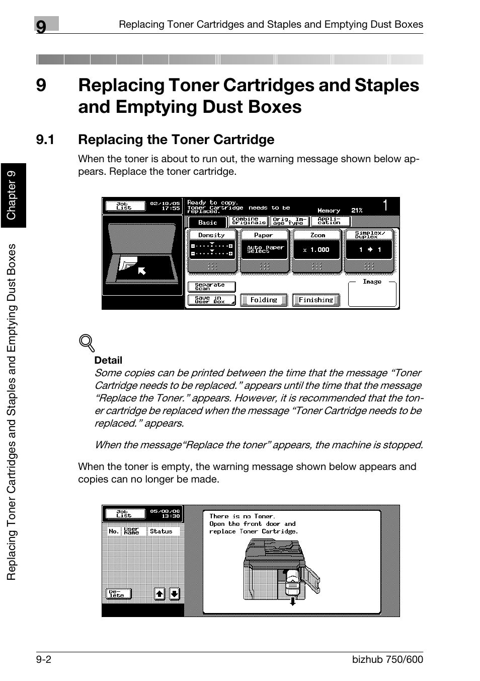 1 replacing the toner cartridge | Konica Minolta bizhub 750 User Manual | Page 367 / 526