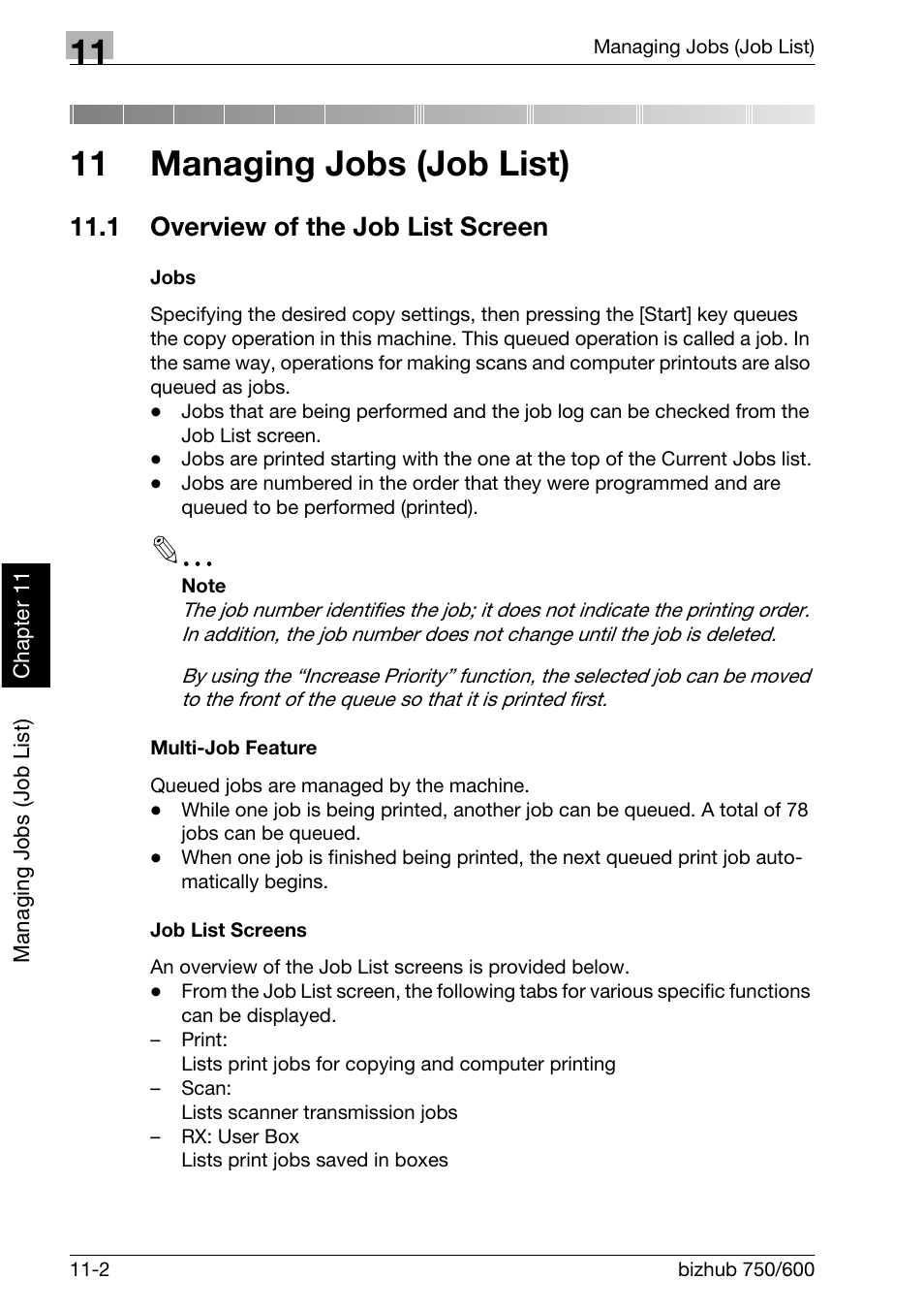 Manging jobs (job list, 1 overview of the job list screen, 11 managing jobs (job list) | Konica Minolta bizhub 750 User Manual | Page 395 / 526